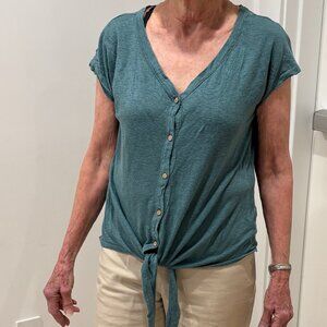 Rachel Zoe short sleeved button-up blue linen top with waist tie, S